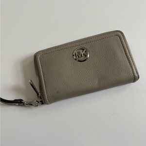 Michael Kors Taupe Pebbled Leather Wristlet Wallet with Silver MK Logo